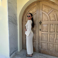 TW New Sexy Knitted See Through Deep V-Neck Long Sleeve Backless Maxi Dresses Beach Dresses