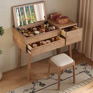 Tocador de madera maciza con tapa abatible, espejo y almacenamiento para dormitorio, ideal para maquillaje. - Product Image 3