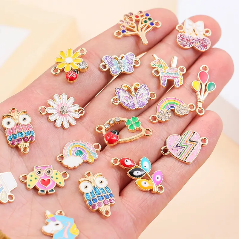 Mixed Glitter Flower Butterfly Enamel Unicorn Charms Connector Pendants For Jewelry Making DIY Handmade For Bracelet Accessories