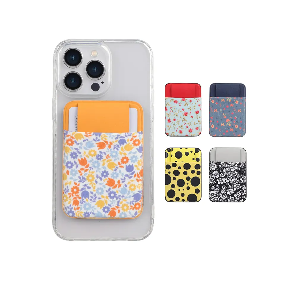 Elastic floral lycra magnetic cell phone stick on wallet anti falling cover mobile phone card holder