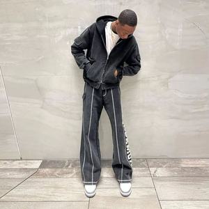 Ensembles de survêtements en coton délavé à l'acide avec patchs brodés, fermeture éclair, pantalon cargo évasé et sweat-shirt - Product Image 2