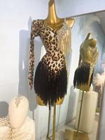 Robe de danse latine à imprimé léopard avec franges, une manche longue, strass et pompons, costume de performance, robe de danse de salon