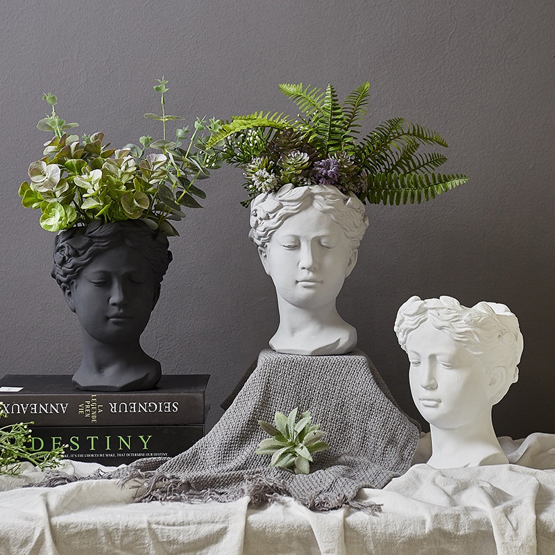 Retro Jardín Estatua Plantador Nórdico Diosa Cabeza Planta Retro Jardín Estatua Plantador Nórdico Diosa Cabeza Planta