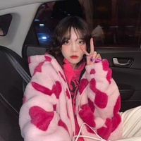 Veste en peluche imprimée en forme de coeur Harajuku pour femmes Version coréenne de l'ours Veste à capuche à manches longues épaissie chaude pour couple Str