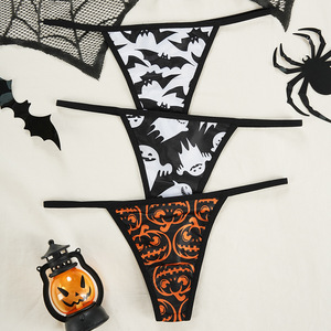 Halloween Citrouille Lettre Imprimer Tricoté Nylon <span class=keywords><strong>String</strong></span> Sans Couture Femmes Sexy Drôle Mince Respirant Anti-bactérien Taille Basse Culotte - Product Image 1
