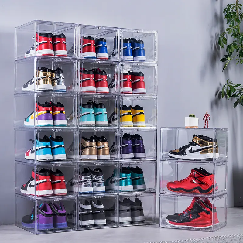 Venta caliente de plástico transparente Sneaker Drop Front Shoe Box Organizador Almacenamiento de zapatos transparente