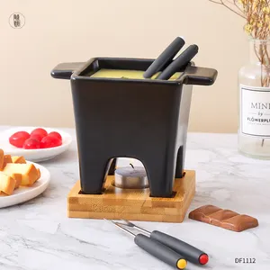 Fabriek Keramische Chocolade Fondue Set Vierkante Theelichtje Melting Pot Met Houten Dienblad