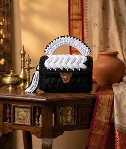 Black and White <b>Braided</b> Handmade Purse Luxury Ethnic Stylish Pearl Two Straps Purse Boho Shoulder Bag Cotton <b>Cord</b> Weaving - Product Image 1