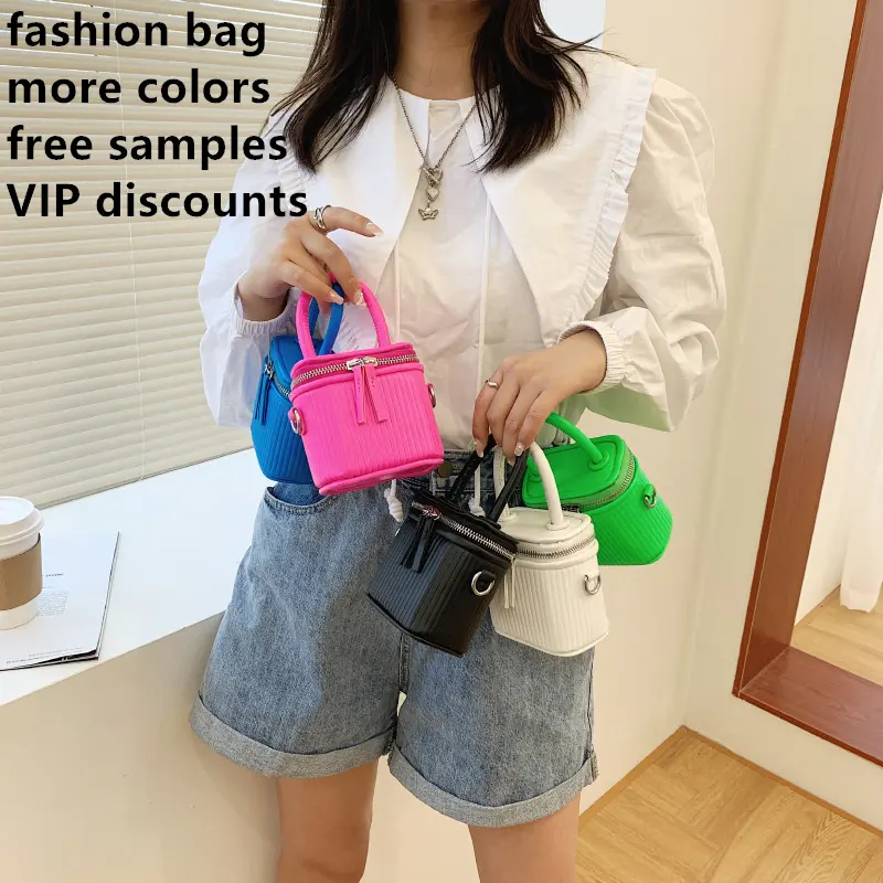 2022 ücretsiz örnek moda Trend şeker renk kadın çanta PU deri çin kare kova küçük kutu omuzdan askili çanta çanta