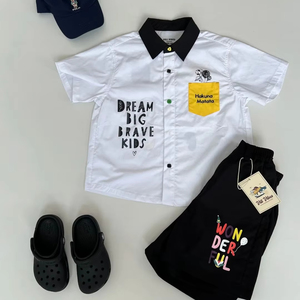 Set estivo personalizzato per ragazzi camicia di cotone bianco pantaloncini neri da sogno grandi ragazzi coraggiosi stampa vestito da gioco - Product Image 6