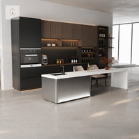 XINGRUO - Cuisine ouverte moderne pour villa, îlot intégré, éclairage LED, dalle de roche durable, contreplaqué laqué, armoire sur mesure