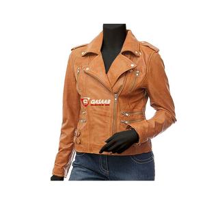 Vestes de motardes en cuir respirant pour femmes, couleur tan, fermeture éclair longue, col rabattu, en cuir PU - Product Image 1
