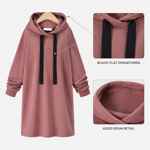 <b>Women's</b> Rose Mauve <b>Longline</b> <b>Hoodie</b> Dress Drop Shoulder Pullover with Black Drawcords - Product Image 3