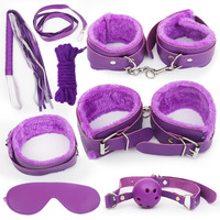 Ensemble de Bondage BDSM 7 Pièces avec Menottes et Contraintes de Cheville, Fouet, Corde, Baillon et Bandeau, Kit Fétichiste en Cuir pour Jeux de Couples
