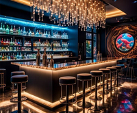 Ensemble de meubles de bar éclairés par LED pour boîte de nuit moderne avec comptoir de bar en surface solide et verre trempé