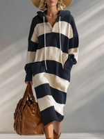 2026 Herbst/Winter Gestreifter Kapuzenpullover Lässiges Waschbares Locker Sitzendes Damen-Maxikleid