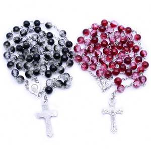 <b>Cross</b> Religious Rosary <b>Necklace</b> 8mm Lampwork Glass Round Prayer <b>Beads</b> Environmental Friendly - Product Image 3