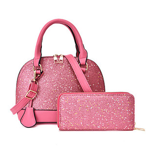 Ensemble de sacs en PU à paillettes et à franges pour femmes, couleur unie, 2 pièces, noir, blanc, rose pâle - Product Image 6