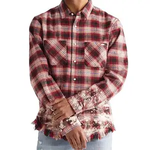 Custom Oversized Distressed Checked Cotton Flannel Mineral Acid Wash Used Ripped Shirt For Men