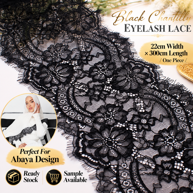22CM Black French Chantilly Eyelash Lace Trim Floral Chantilly Lace Fabric for Abaya Dress Sleeve Cuff Luxury Garment Decoration