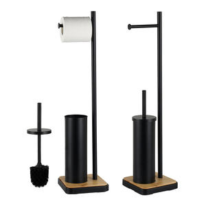 Soporte de papel higiénico independiente con soporte para escobilla de baño con base ponderada con diseño de bambú para baño BTH095 - Product Image 1