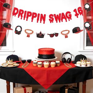 Kit de 16 Bannières Drippin Swag pour Décorations de 16e <span class=keywords><strong>Anniversaire</strong></span>, Joyeux 16e <span class=keywords><strong>Anniversaire</strong></span> Garçon Rouge Noir, Fête de 16 Ans - Product Image 1