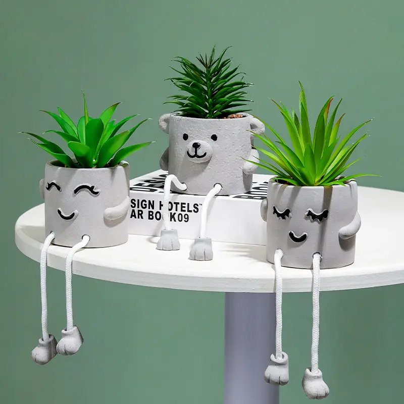 Faux Succulents in Cement Pots with Hanging Leg, Potted Mini Plants for Desk Decor Artificial Plant with Cartoon Doll pot