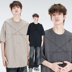 Camiseta de Manga Corta Oversize para Hombre, Cuello Redondo, Tejido de Algodón, Estilo Urbano, Color Sólido, Transpirable, Diseño con Parches, Oversize - Product Image 1