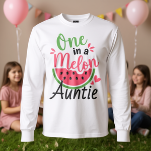 Camiseta de manga larga con cuello redondo y estampado digital para adultos unisex de One in a Melon Auntie, camiseta a juego para la familia, camiseta para fiesta de primer cumpleaños - Product Image 3