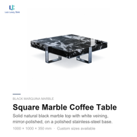 Table basse carrée en marbre noir Luca Calacatta |   Miroir sur pied en acier inoxydable avec plateau en pierre haute brillance, sur mesure pour salon, OEM