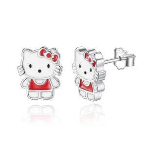 Grosir Anting-Anting Kartun Anak-anak Hello Kitty Perak Murni 925 Perhiasan Kucing Hewan Enamel Cantik untuk Anak Perempuan