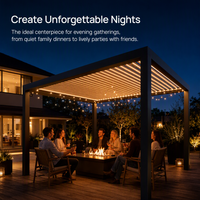 Pergola motorisée extérieure en aluminium à lames orientables, effet grain de bois, avec éclairage RGB contrôlé par application et capteur de pluie automatique