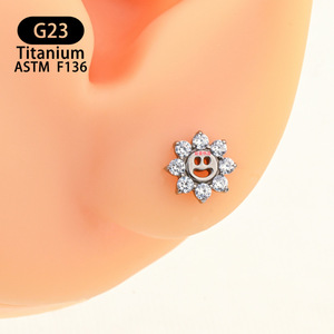 <b>Titanium</b> Smiley Face Sunflower Earrings With Zircon Inlays 6.6mm F136 Body Jewelry Lip <b>Studs</b> - Product Image 2
