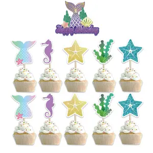 12 ชิ้นMermaidเค้กวันเกิดแฮปปี้Topper Cupcake Topperชุดเค้กหยิบตกแต่งเด็กฝักบัววันเกิดSQ449