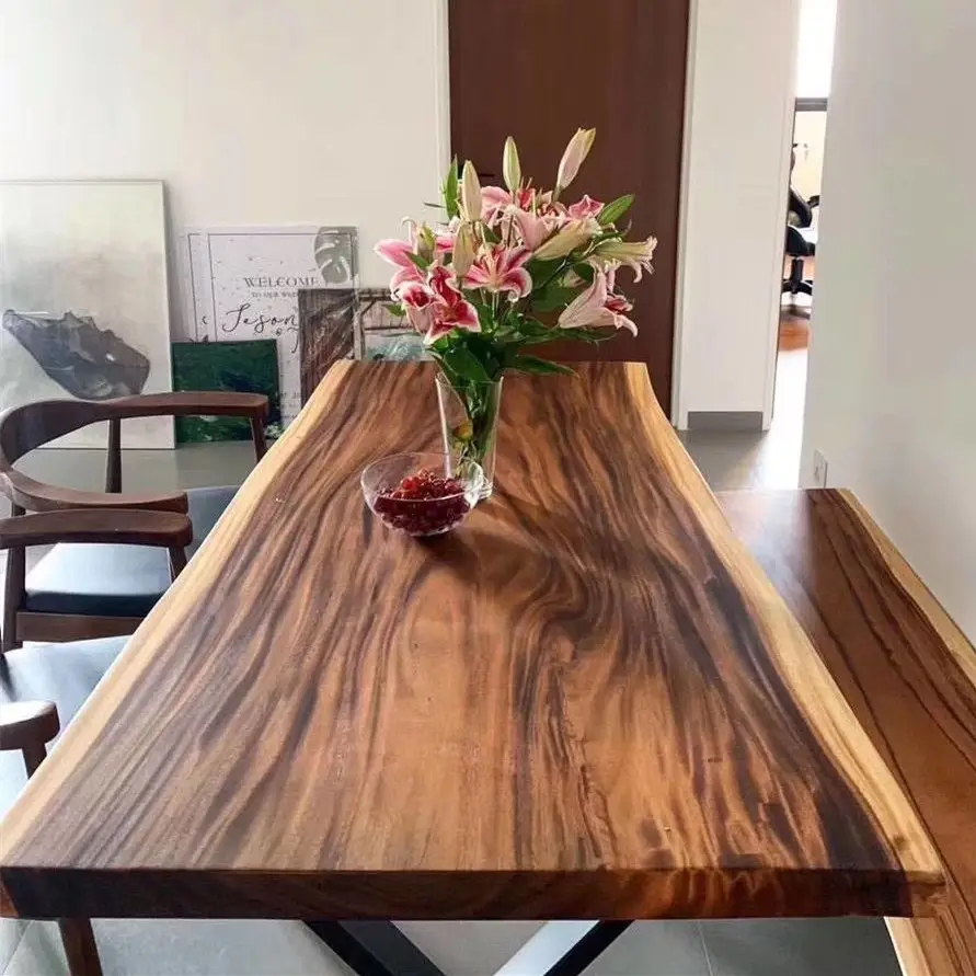 ウォールナット大型素朴なダイニング木製テーブル工業用屋外家具自然形状ライブエッジ