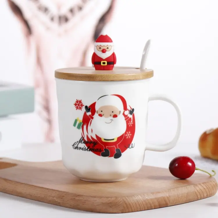 Amazon Hot sale tasse à café en céramique bonhomme de neige père noël tasse avec couvercle cuillère décoration en vrac cadeau en boîte drôle