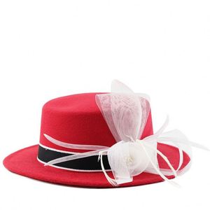 Flat Top Boater Fedora <b>Hat</b> <b>for</b> Women Silk Screen Printed Lace Ribbon Flower Elegant Church Party Promotional Use - Product Image 5