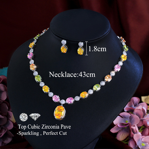Parure de bijoux 2 pièces Noble avec pendentif ovale en zircon cubique couleur arc-en-ciel et boucles d'oreilles pendantes pour <span class=keywords><strong>femme</strong></span>, accessoires de costume de mariée et de fête - Product Image 3