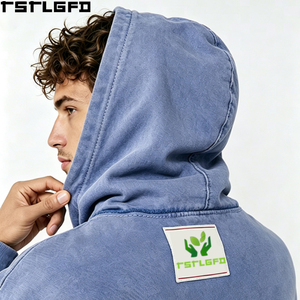 Cut And Sew Oversized Boxy <b>Hoodie</b> Men Blue Washed Contrast <b>Stitch</b> Border Wholesale - Product Image 3