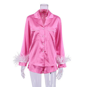 Women Two Piece Feather Sleeve Button up Top and Shorts Pajamas Set <strong>Casual</strong> <strong>Home</strong> <strong>Wear</strong> Sleepwear Soft Satin Women Pajama - Product Image 6