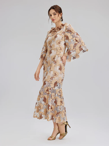 <span class=keywords><strong>Robe</strong></span> Midi <span class=keywords><strong>Femme</strong></span> 2026 Caramel en Dentelle Florale 3D, Col Rond, Manches Cape, Ceinturée, Moulante, pour Soirée Formelle et <span class=keywords><strong>Cocktail</strong></span> - Product Image 3