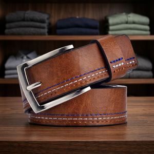 Ceintures en cuir de vachette style vintage avec boucle à ardillon, en acier rectangulaire, personnalisables OEM/ODM, robustes, écologiques, imperméables pour hommes - Product Image 1
