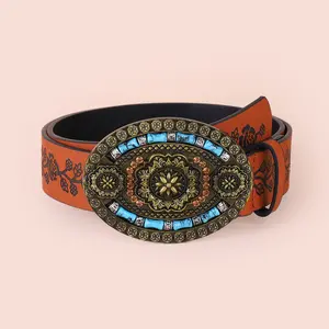 Fashion Simple Exaggerated Bohemian Ethnic Style Carved Turquoise Leather Belt With Alloy Buckle Accessories