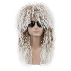 Peluca larga rizada marrón con degradado blanco para hombres y mujeres 70s 80s Rocker Mullet Party Peluca divertida Peluca de disfraz