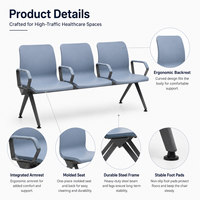Banc d'attente ergonomique moderne et confortable avec assise en PU moulé, accoudoirs et structure en acier pour hôpitaux, cliniques, aéroports et espaces publics