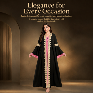 Luxury Black Pink Abaya Muslim Women Dubai Open <b>Kaftan</b> Gold Embroidery Lace Jalabiya Modest 2 Piece Set Dress Ramadan Eid Wear - Product Image 2