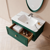 Meuble-lavabo mural moderne pour salle de bain, finition laquée verte, armoire sous-évier minimaliste, tiroir à fermeture douce, miroir intelligent rétroéclairé