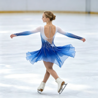 Robe de patinage artistique dégradé blanc-bleu, manches longues, dos profondement ouvert, jupe ornée de strass pour compétition et performance adultes et enfants