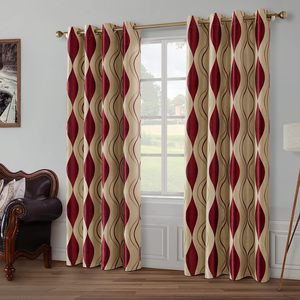 JA 52\" X 84\" Rideaux de fenêtre à œillets en jacquard bordeaux <span class=keywords><strong>beige</strong></span> Ensemble de 2 Rideaux occultants pour chambre à coucher Salon - Product Image 1