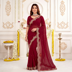 AARA Fashion <b>Maroon</b> Embroidered <b>Saree</b> Blouse for Women Wedding Traditional Indian/Pakistani Style Floor-Length Polyester Sun - Product Image 1